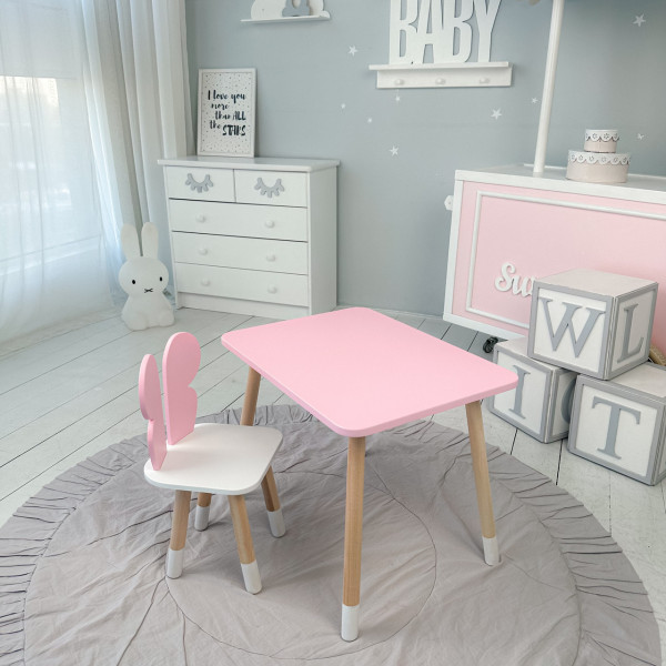 Стіл прямий 46х60х45 і стілець крильця метелик 26.5х26х25, столик та стільчик для дівчинки, рожевий з білим