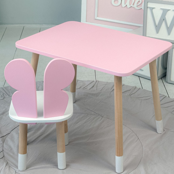 Стіл прямий 46х60х45 і стілець крильця метелик 26.5х26х25, столик та стільчик для дівчинки, рожевий з білим