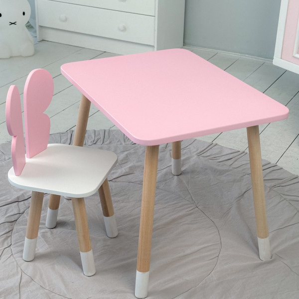 Стіл прямий 46х60х45 і стілець крильця метелик 26.5х26х25, столик та стільчик для дівчинки, рожевий з білим