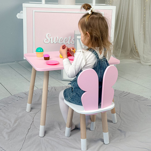Стіл прямий 46х60х45 і стілець крильця метелик 26.5х26х25, столик та стільчик для дівчинки, рожевий з білим