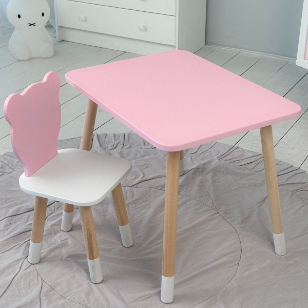 Стіл прямий 46х60х45 і стілець мордочка медведика 26.5х26х25, столик та стільчик для дівчинки, рожевий з білим