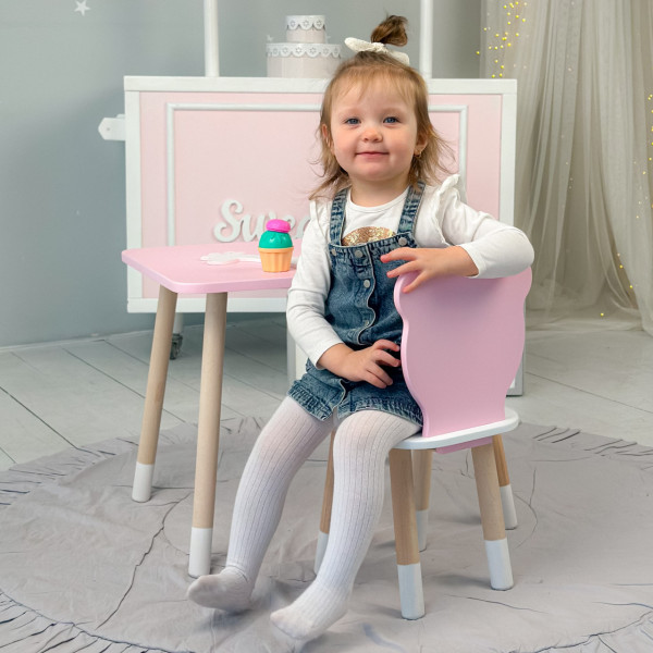 Стіл прямий 46х60х45 і стілець мордочка медведика 26.5х26х25, столик та стільчик для дівчинки, рожевий з білим