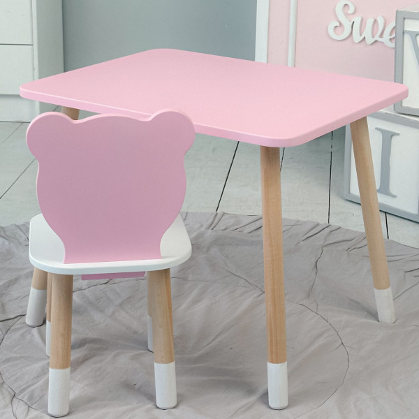 Стіл прямий 46х60х45 і стілець мордочка медведика 26.5х26х25, столик та стільчик для дівчинки, рожевий з білим