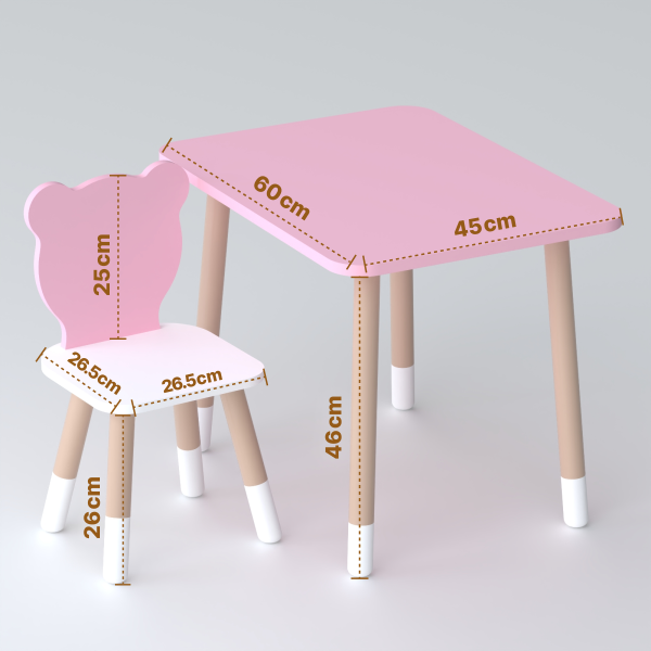 Стіл прямий 46х60х45 і стілець мордочка медведика 26.5х26х25, столик та стільчик для дівчинки, рожевий з білим
