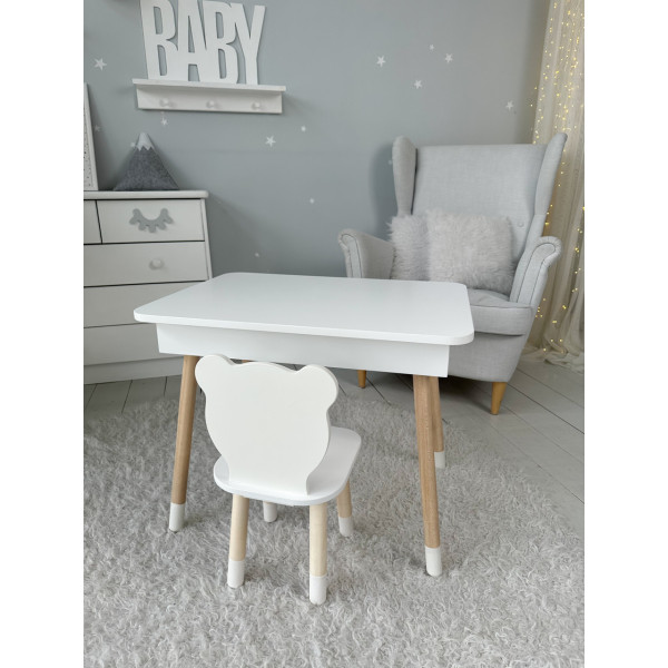Столик з відкидним верхом 53х60х45 і стільчик медвежа 26.5х26х25, стіл та стілець для злопчика від 1 року, білий