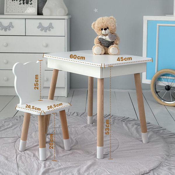 Столик з відкидним верхом 53х60х45 і стільчик медвежа 26.5х26х25, стіл та стілець для злопчика від 1 року, білий