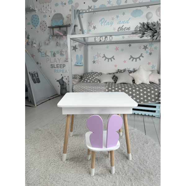Столик з відкидним верхом 53х60х45 і стільчик крила метелика 26.5х26х25, стіл та стілець для дітей від 1 року, білий з фіолетовим