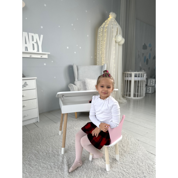 Столик з відкидним верхом 53х60х45 і стільчик корона 26.5х26х25, стіл та стілець для дітей від 1 року, білий з рожевим