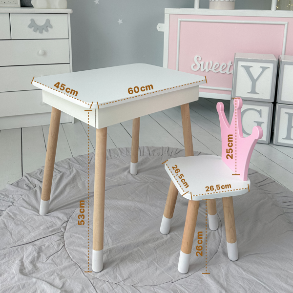 Столик з відкидним верхом 53х60х45 і стільчик корона 26.5х26х25, стіл та стілець для дітей від 1 року, білий з рожевим