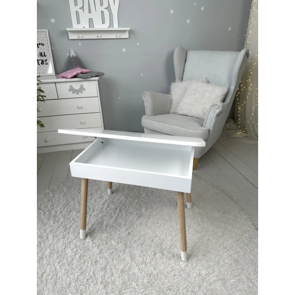 Стіл прямокутний з відкидним ящиком 53х60х45 і стілець медведик 26.5х26х25, комплект для дівчачої кімнати, рожевий з білим
