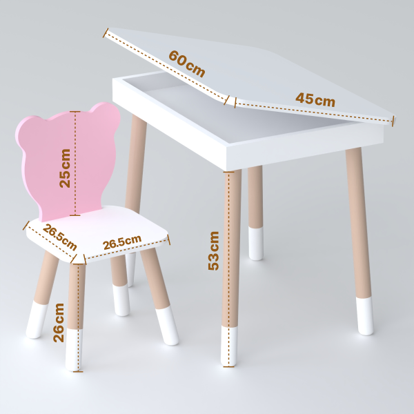 Стіл прямокутний з відкидним ящиком 53х60х45 і стілець медведик 26.5х26х25, комплект для дівчачої кімнати, рожевий з білим