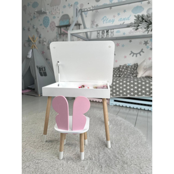 Дитячий столик з відкидним верхом 53х60х45 і стільчик метелик 26.5х26х25, стіл та стілець для дітей до 7 років, білий з рожевим