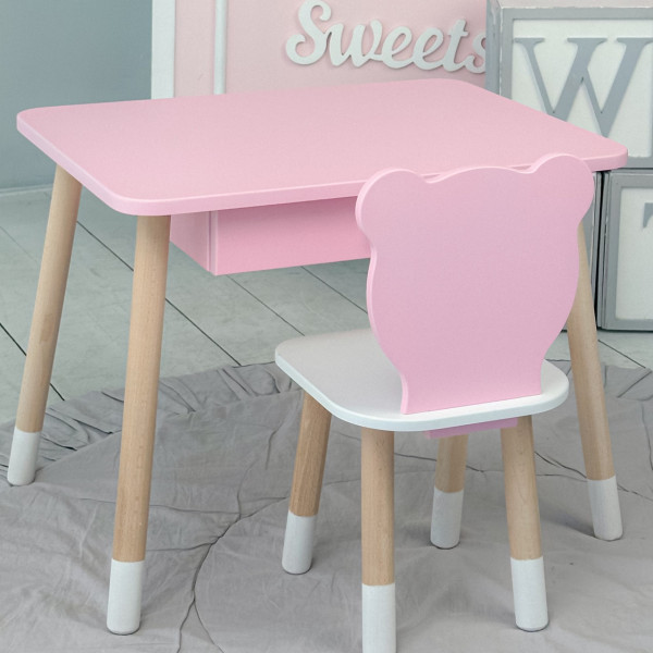 Стіл прямокутний з шухлядою 46х60х45 і стілець медвежа 26.5х26х25, столик та стільчик для дитячої кімнати, рожевий з білим