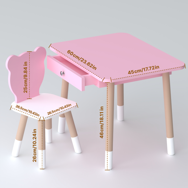 Стіл прямокутний з шухлядою 46х60х45 і стілець медвежа 26.5х26х25, столик та стільчик для дитячої кімнати, рожевий з білим