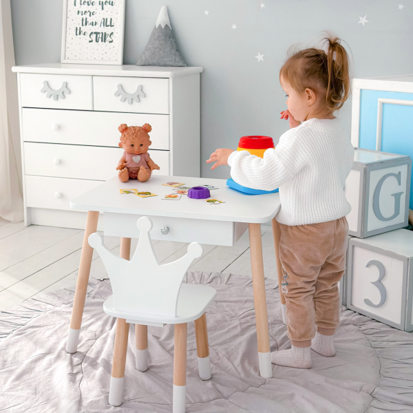 Стіл прямокутний з ящиком для речей 46х60х45 і стілець корона 26.5х26х25, столик та стільчик в дитячу, білий