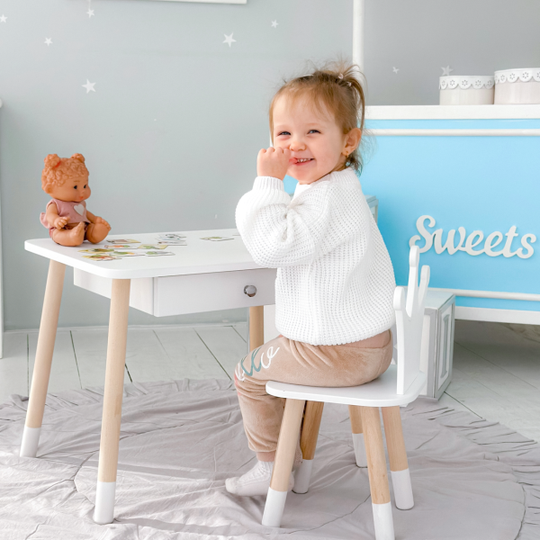 Стіл прямокутний з ящиком для речей 46х60х45 і стілець корона 26.5х26х25, столик та стільчик в дитячу, білий
