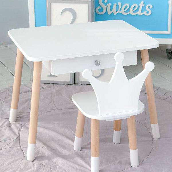 Стіл прямокутний з ящиком для речей 46х60х45 і стілець корона 26.5х26х25, столик та стільчик в дитячу, білий