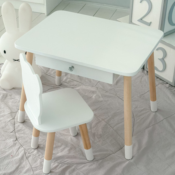 Стіл прямокутний з висувним ящиком 46х60х45 і стілець медвежа 26.5х26х25, столик та стільчик в дитячу, білий