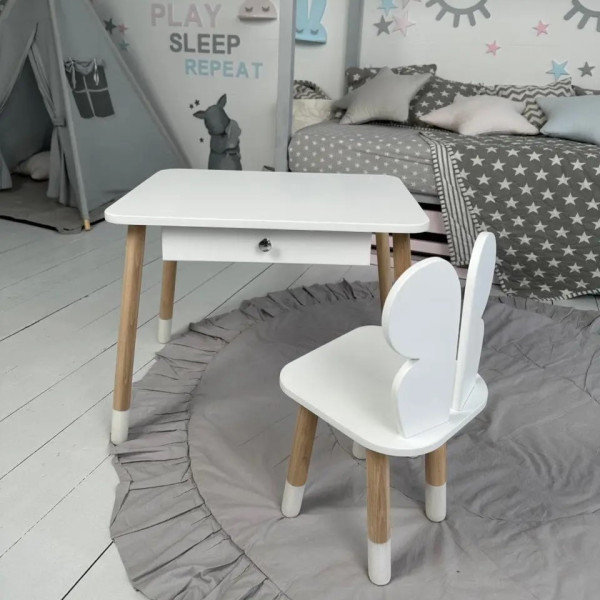 Стіл прямокутний з ящиком 46х60х45 і стілець метелик 26.5х26х25, столик та стільчик в дитячу, білий