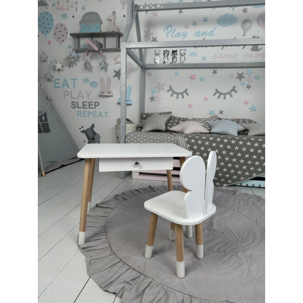 Стіл прямокутний з ящиком 46х60х45 і стілець метелик 26.5х26х25, столик та стільчик в дитячу, білий