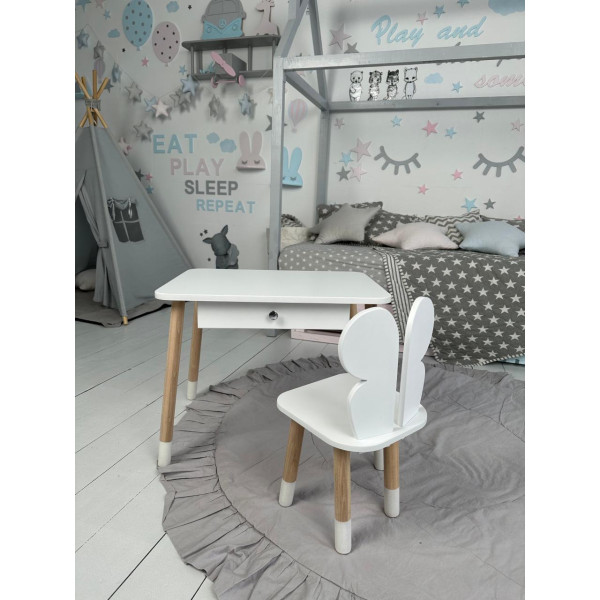 Стіл прямокутний з ящиком 46х60х45 і стілець метелик 26.5х26х25, столик та стільчик в дитячу, білий