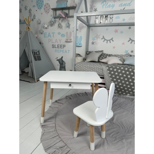 Стіл прямокутний з ящиком 46х60х45 і стілець метелик 26.5х26х25, столик та стільчик в дитячу, білий