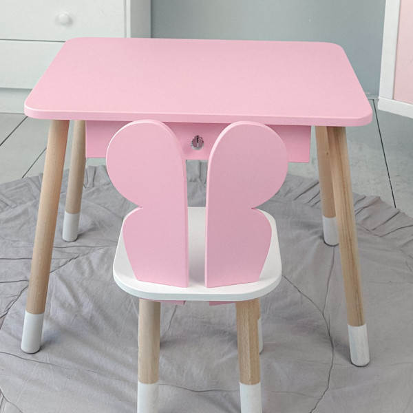 Стіл прямокутний з ящиком для речей 46х60х45 і стілець метелик 26.5х26х25, столик та стільчик в дитячу, рожевий з білим