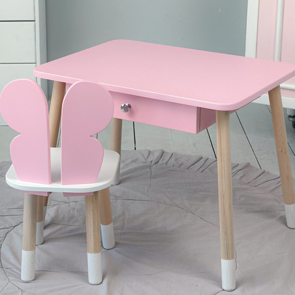 Стіл прямокутний з ящиком для речей 46х60х45 і стілець метелик 26.5х26х25, столик та стільчик в дитячу, рожевий з білим