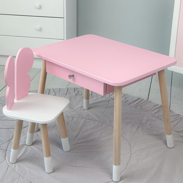 Стіл прямокутний з ящиком для речей 46х60х45 і стілець метелик 26.5х26х25, столик та стільчик в дитячу, рожевий з білим
