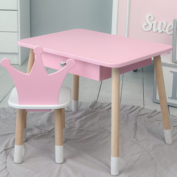 Стіл прямокутний з ящиком 46х60х45 і стілець корона 26.5х26х25, столик та стільчик в дитячу, рожевий з білим