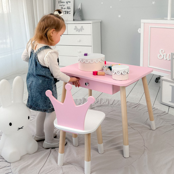 Стіл прямокутний з ящиком 46х60х45 і стілець корона 26.5х26х25, столик та стільчик в дитячу, рожевий з білим
