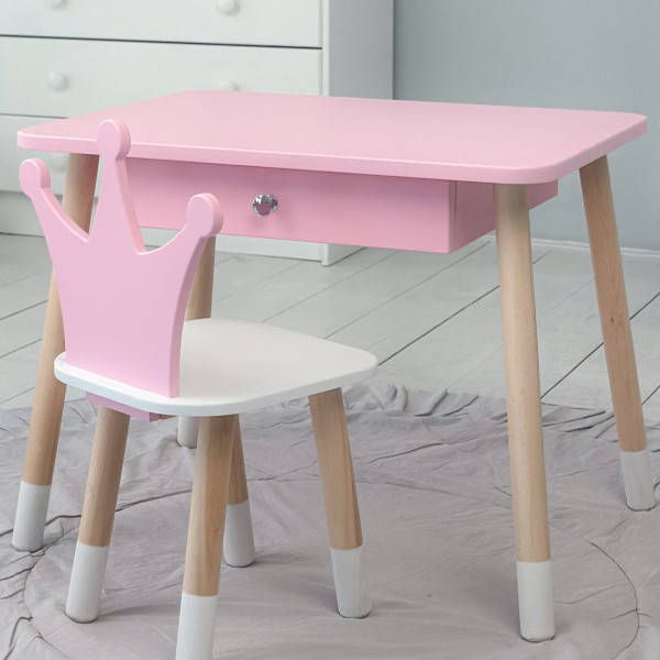 Стіл прямокутний з ящиком 46х60х45 і стілець корона 26.5х26х25, столик та стільчик в дитячу, рожевий з білим