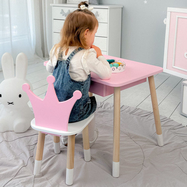 Стіл прямокутний з ящиком 46х60х45 і стілець корона 26.5х26х25, столик та стільчик в дитячу, рожевий з білим