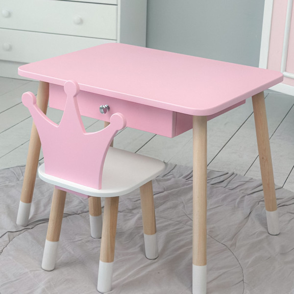 Стіл прямокутний з ящиком 46х60х45 і стілець корона 26.5х26х25, столик та стільчик в дитячу, рожевий з білим