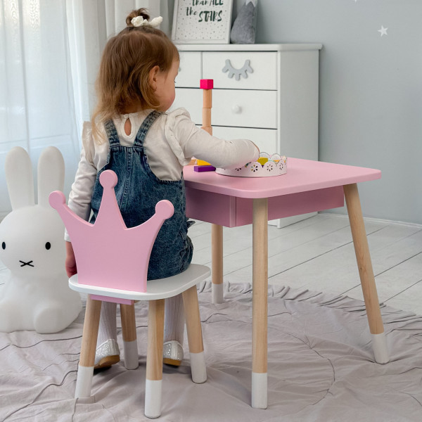 Стіл прямокутний з ящиком 46х60х45 і стілець корона 26.5х26х25, столик та стільчик в дитячу, рожевий з білим
