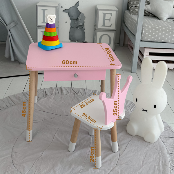 Стіл прямокутний з ящиком 46х60х45 і стілець корона 26.5х26х25, столик та стільчик в дитячу, рожевий з білим