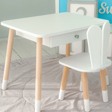 Стіл прямокутний з ящиком 46х60х45 і стілець вушка кролика 26.5х26х25, столик та стільчик в дитячу, білий