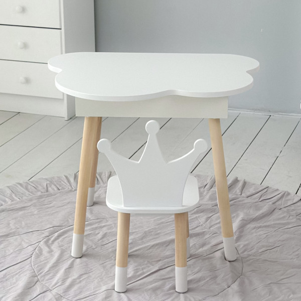 Столик хмаринка з відкидною нішею 54х68х50 і стільчик корона 26.5х26х25, стіл та стілець в дитячу, білий