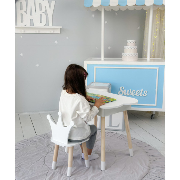 Столик хмаринка з відкидною нішею 54х68х50 і стільчик корона 26.5х26х25, стіл та стілець в дитячу, білий