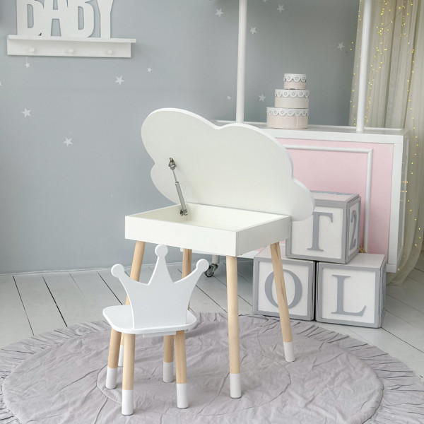 Столик хмаринка з відкидною нішею 54х68х50 і стільчик корона 26.5х26х25, стіл та стілець в дитячу, білий