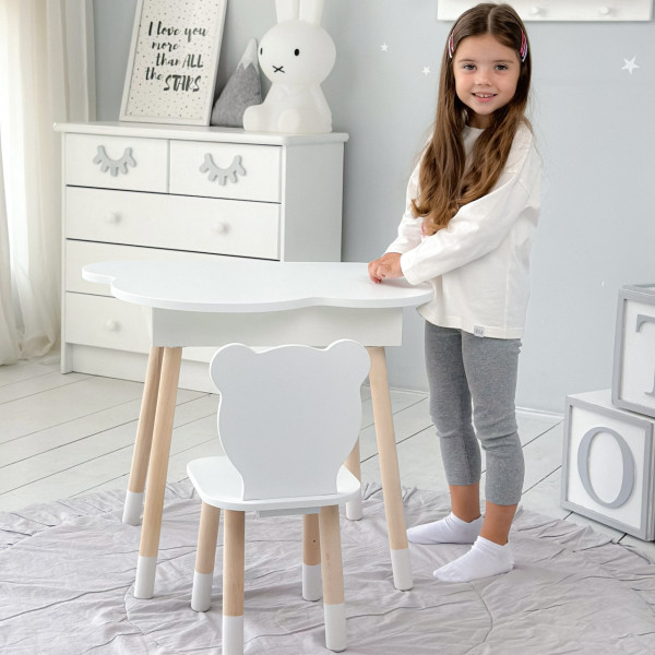 Столик хмаринка з нішею для речей 54х68х50 і стільчик спинка в формі медведика 26.5х26х25, стіл та стілець в дитячу кімнату, білий