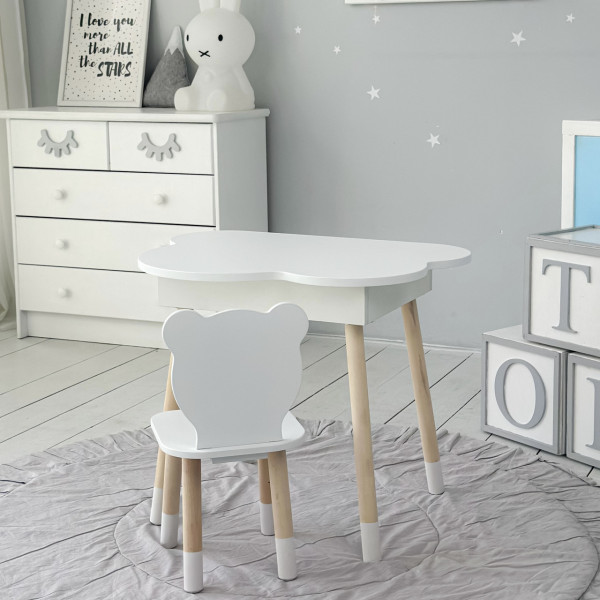 Столик хмаринка з нішею для речей 54х68х50 і стільчик спинка в формі медведика 26.5х26х25, стіл та стілець в дитячу кімнату, білий
