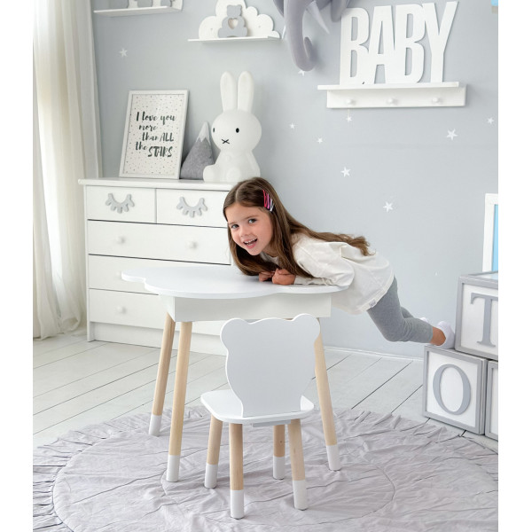 Столик хмаринка з нішею для речей 54х68х50 і стільчик спинка в формі медведика 26.5х26х25, стіл та стілець в дитячу кімнату, білий