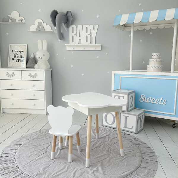 Столик хмаринка з нішею для речей 54х68х50 і стільчик спинка в формі медведика 26.5х26х25, стіл та стілець в дитячу кімнату, білий