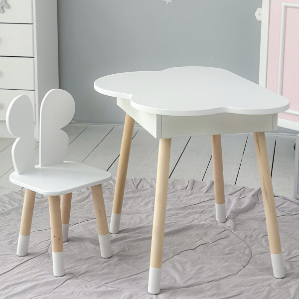 Столик хмаринка з нішею для речей 54х68х50 і стільчик спинка в формі метелика 26.5х26х25, стіл та стілець в дитячу кімнату, білий