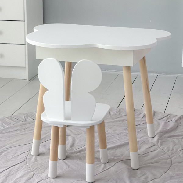Столик хмаринка з нішею для речей 54х68х50 і стільчик спинка в формі метелика 26.5х26х25, стіл та стілець в дитячу кімнату, білий