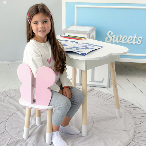 Столик хмаринка з нішею 54х68х50 і стільчик метелик 26.5х26х25, стіл та стілець в дитячу, білий з рожевим