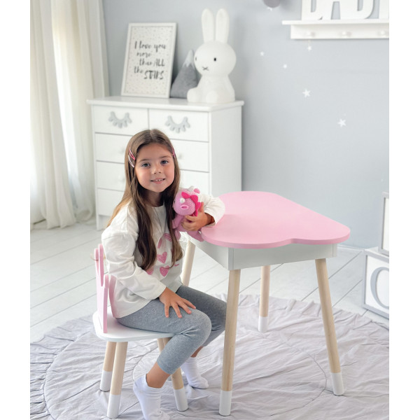 Столик хмаринка з відкидною нішею 54х68х50 і стільчик корона 26.5х26х25, стіл та стілець в дитячу, рожевий з білим