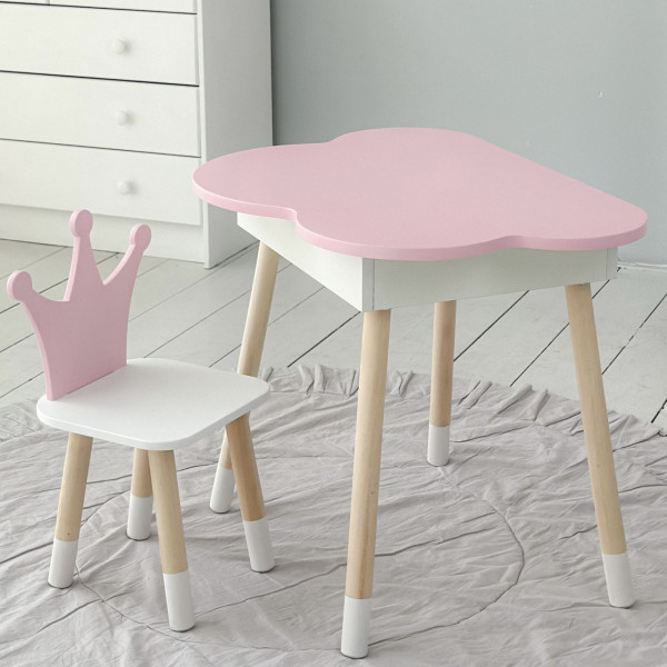 Столик хмаринка з відкидною нішею 54х68х50 і стільчик корона 26.5х26х25, стіл та стілець в дитячу, рожевий з білим