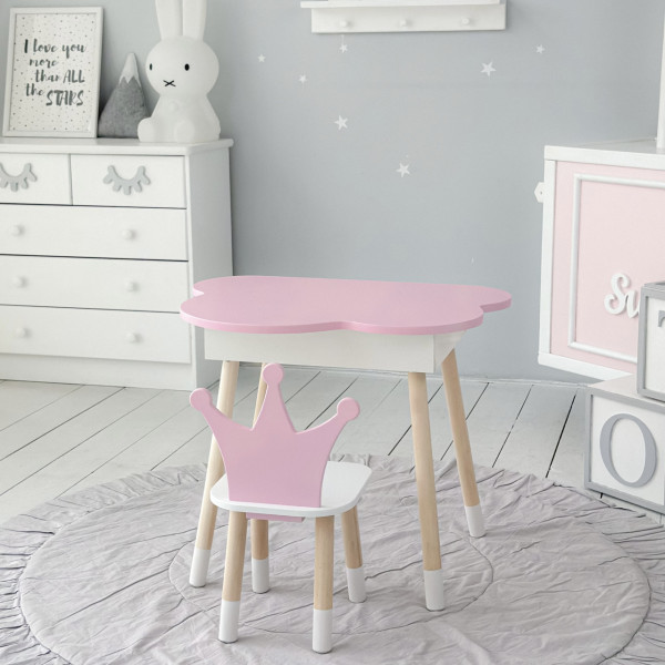 Столик хмаринка з відкидною нішею 54х68х50 і стільчик корона 26.5х26х25, стіл та стілець в дитячу, рожевий з білим